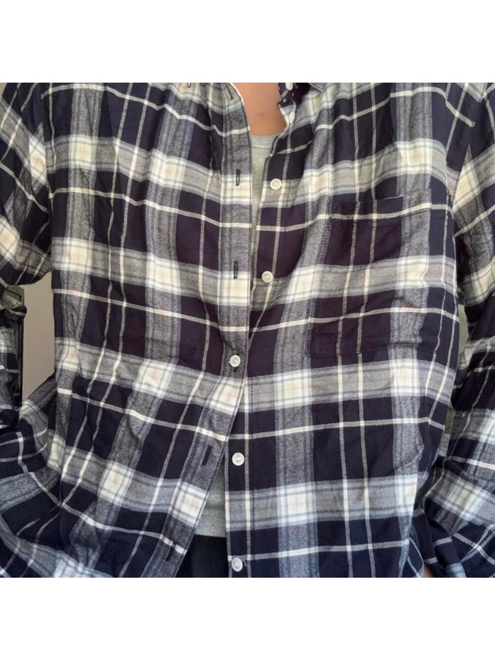 White and navy plaid button
